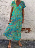 Boho Floral V-Neckline Short Sleeve Maxi Dress