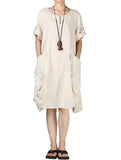 Plus size summer new round neck cotton and linen washed lantern dress