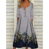 Casual Long-sleeved Button Print Maxi Dress