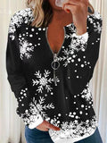 Christmas Snowflake Zipper Long Sleeve Blouse