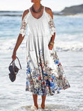 Casual Floral Print Crew Neck Lace Short Sleeves Midi Dress