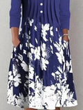 Blue Floral Printed A-Line Casual Long Sleeve Dresses