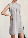 Round Neck Short Sleeve Stitching Casual Cotton Linen Women Dress