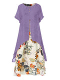Autumn Cotton-linen print round neck fake two-piece dress short sleeve pullover Dress