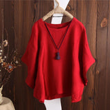 Batwing Sleeve Round Neck Solid Color Cotton Linen Blouses Tops