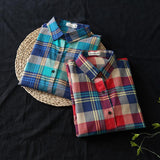 Cotton mid-length plaid long-sleeved shirt