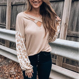 Cross V-neck leopard print hit color casual long-sleeved T-shirt