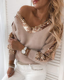 Sequin Patchwork V Neck Fuzzy Top