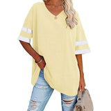 Loose Half-Sleeved V-Neck Contrast Color Waist T-Shirt