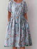 Printed Cotton Linen Short Sleeved Dress