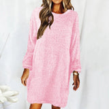 Casaul Solid Long Sleeve Loose O-Neck Hairy Sweater Dress