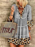 Summer Women's Fashion Leopard Print Stitching Cotton and Linen Dress