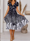 Flower Print V-Neck Casual Short Sleeve Splice Dress