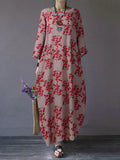 Cotton retro round neck pullover print loose design dress