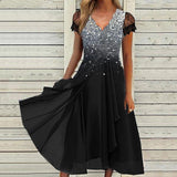 Black Lace Cuff Sequin Party Evening Dress