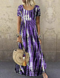 COTTON Round Neck Tie Dye Printed Long Loose Plus Size Dresses