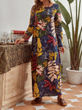 Casual Leaves Printed Long Sleeve Round Neck Maxi Dress