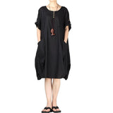 Plus size summer new round neck cotton and linen washed lantern dress