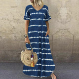 V-Neck Ruffle Sleeve Striped Printed Maxi Dress