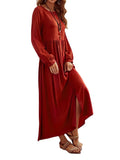 Solid Color Long Sleeves Red Round Neck Dress