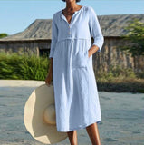 single-breasted cotton and linen summer casual dress