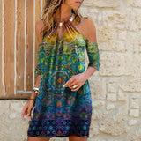 Multicolor printed halterneck off-the-shoulder mid-sleeve dress