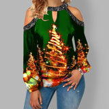 Women's Hollow Lantern Sleeve Christmas T-shirt