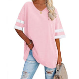 Loose Half-Sleeved V-Neck Contrast Color Waist T-Shirt