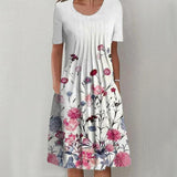 Women's Shift Dress Knee Length Dress White Short Sleeve Floral Pocket