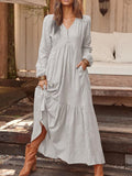 Cotton V Neck Puff Sleeve Vintage Elastic Cuff Women Dress