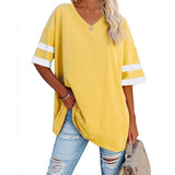 Loose Half-Sleeved V-Neck Contrast Color Waist T-Shirt