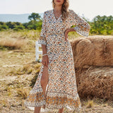 Casual V-neck Half Sleeve Floral Print Maxi Cotton Dress