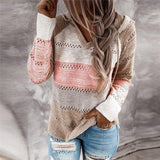 Autumn Women Patchwork Hooded Long Sleeve V-neck Knitted Sweater