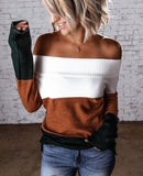 Colorblock Ribbed Knit Off Shoulder Sweater