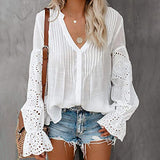 Lace Hollow Blouse Shirt Buttons V-Neck