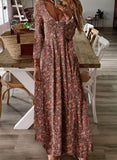 Cotton Printed V-neck Long Sleeve Dress Women's Long Skirt