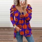 2021 Halloween T-Shirt Pumpkin Floral Printed V-Neck Long-Sleeved Top