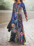 Elegant retro long sleeve printed long dress