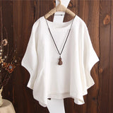 Batwing Sleeve Round Neck Solid Color Cotton Linen Blouses Tops