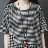 Cotton and Linen Loose Large Size Irregular Patchwork Plaid Dress