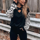 Cross V-neck leopard print hit color casual long-sleeved T-shirt