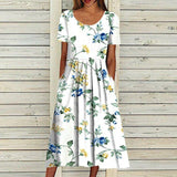 Women's Printed Round Neck Short Sleeve Large Swing Dress