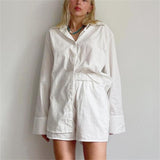 Pure cotton loose long-sleeved shirt-solid color shorts Set