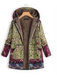 Women Vintage Loose Hooded Coat Floral Printed