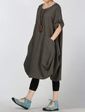 Plus size summer new round neck cotton and linen washed lantern dress