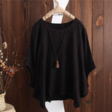 Batwing Sleeve Round Neck Solid Color Cotton Linen Blouses Tops