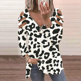 Cotton Linen Leopard V Neck Hollow Out Off Shoulder Top