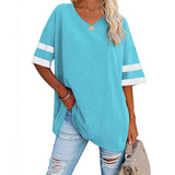 Loose Half-Sleeved V-Neck Contrast Color Waist T-Shirt