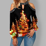 Women's Hollow Lantern Sleeve Christmas T-shirt