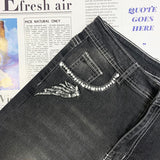 Retro embroidered skull beaded stretch flared denim trousers